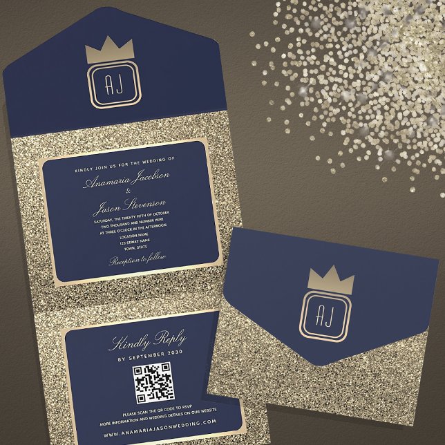 Luxury Gold Glitter and Navy Blue QR Code Wedding All In One Invitation (Creator Uploaded)