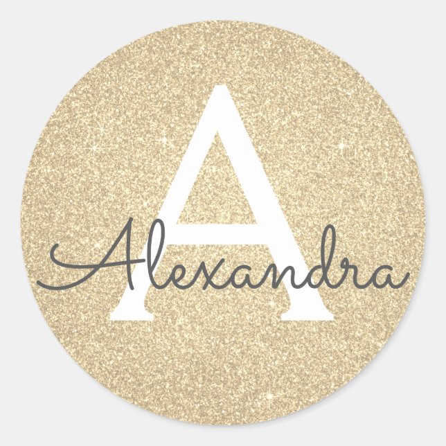 Luxury Gold Glitter and Sparkle Monogram Classic Round Sticker (Front)