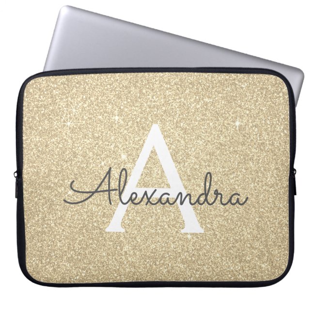 Luxury Gold Glitter and Sparkle Monogram Laptop Sleeve (Front)