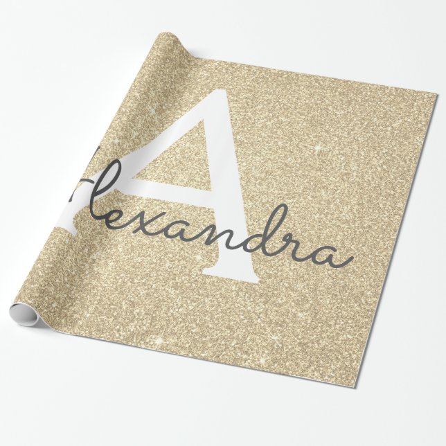 Luxury Gold Glitter and Sparkle Monogram Wrapping Paper (Unrolled)