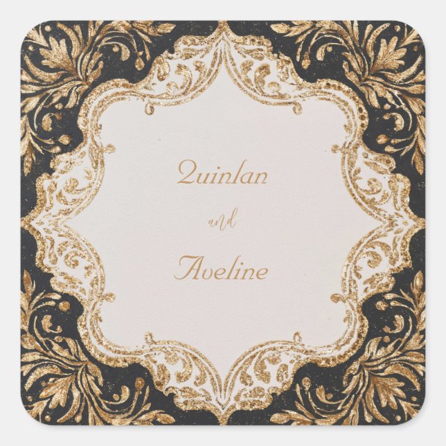 Luxury Gold Glitter Baroque Black Wedding Square Sticker (Front)