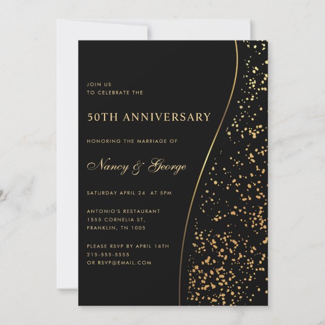 Luxury Gold Glitter Black 50th Wedding Anniversary Invitation (Front)