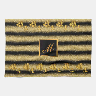 Luxury Gold Glitter Black Floral Gift Tea Towel