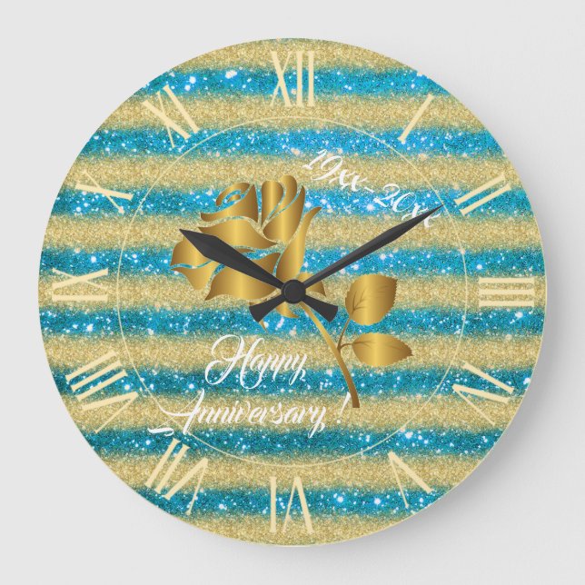 Luxury Gold Glitter Blue Floral Gift Large Clock (Front)