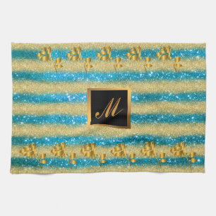 Luxury Gold Glitter Blue Floral Gift Tea Towel