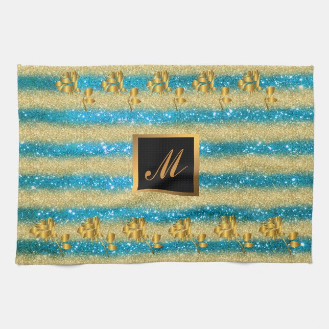 Luxury Gold Glitter Blue Floral Gift Tea Towel (Horizontal)