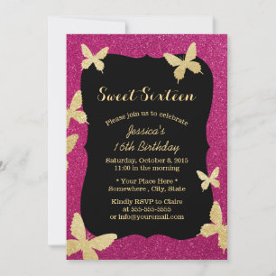 Luxury Gold Glitter Butterflies Sweet 16 Invitation