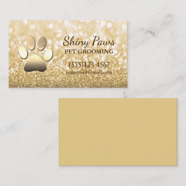 Luxury Gold Glitter Dog Paw Pet Grooming Service Business Card (Front/Back)