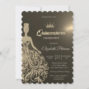 Luxury Gold Glitter Dress Gold Quinceanera Invitation