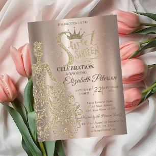 Luxury Gold Glitter Dress,Tiara,Diamonds Sweet 16  Invitation