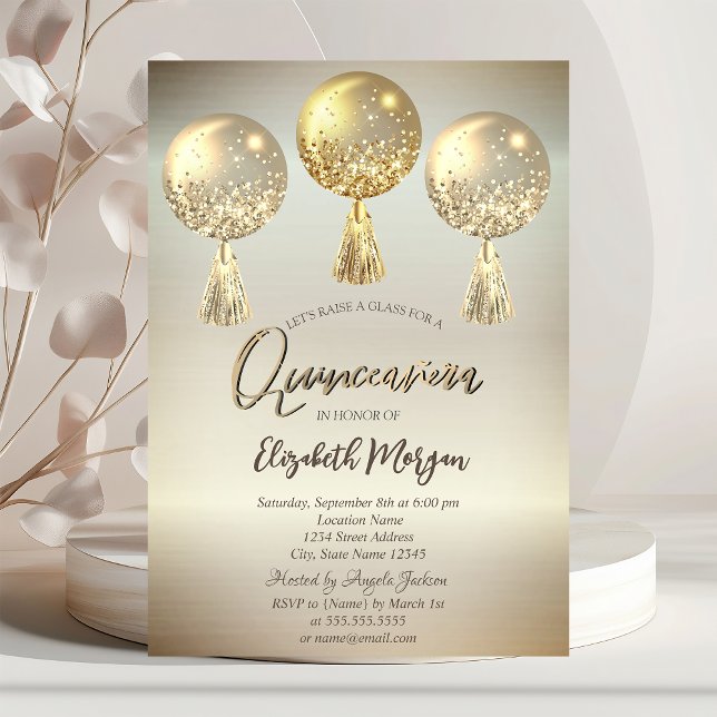 Luxury Gold Glitter Drips Balloons Quinceañera Invitation (Creator Uploaded)