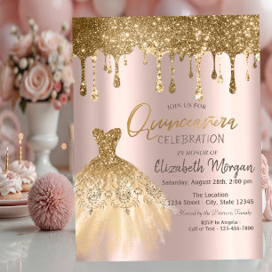 Luxury Gold Glitter Drips Dress Quinceañera Invitation
