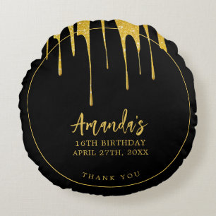 Luxury Gold Glitter Drips Sweet 16 Birthday Round Cushion