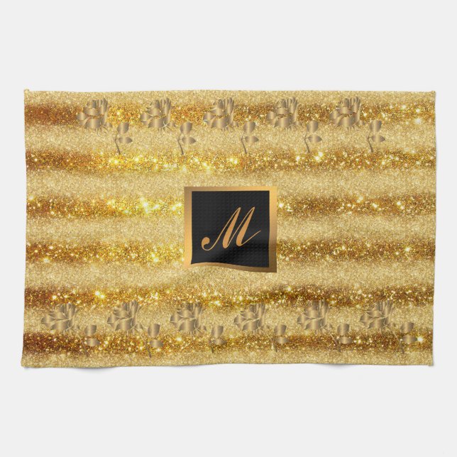 Luxury Gold Glitter Floral Gift Tea Towel (Horizontal)