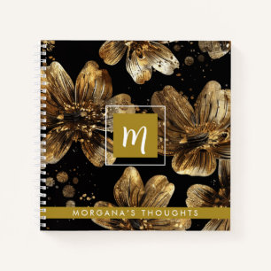 Luxury Gold Glitter Flowers Monogram Square Notebook