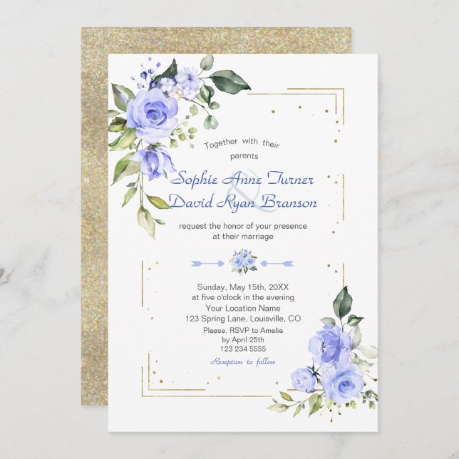 Luxury Gold Glitter Frame Blue Flowers Wedding Invitation (Front/Back)
