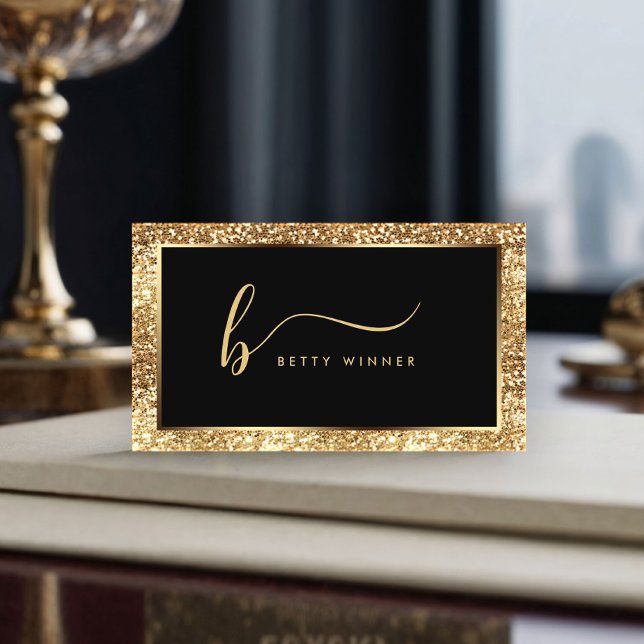 Luxury Gold Glitter Frame Modern Script Monogram  Business Card (Creator Uploaded)