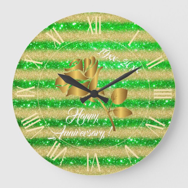 Luxury Gold Glitter Green Floral Gift Large Clock (Front)