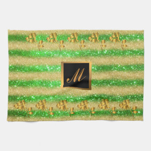 Luxury Gold Glitter Green Floral Gift Tea Towel