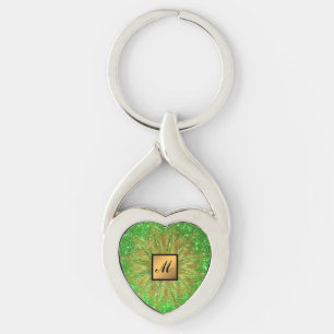 Luxury Gold Glitter Green Monogrammed Gift Key Ring