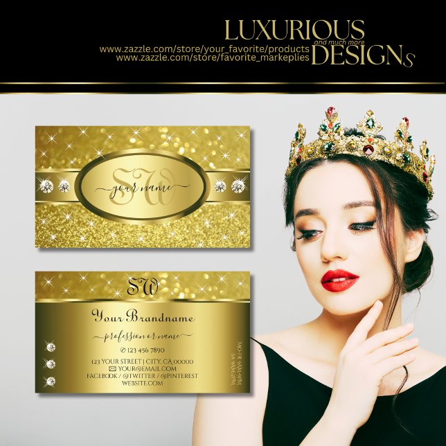 Luxury Gold Glitter Luminous Diamonds Monogram Business Card (Creator Uploaded)
