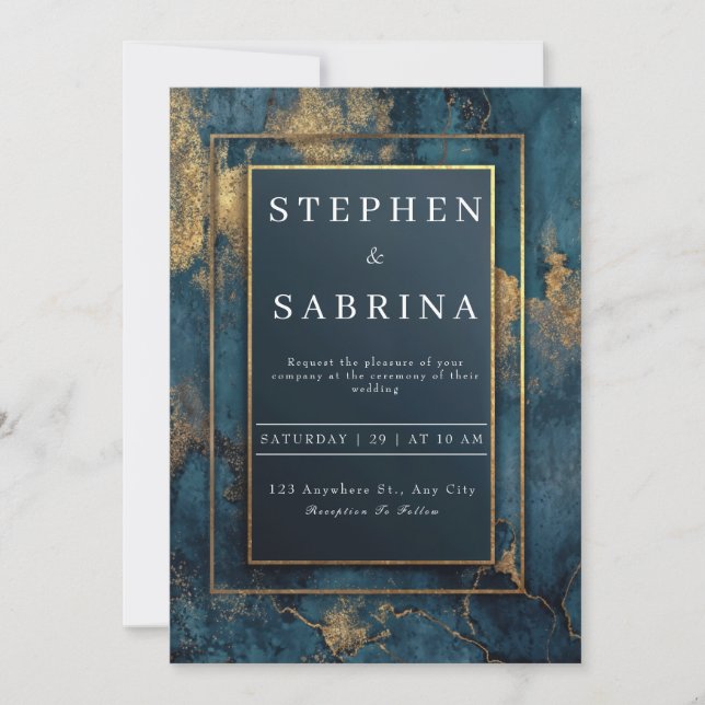 Luxury Gold Glitter Marble Teal Navy Wedding Invitation (Front)