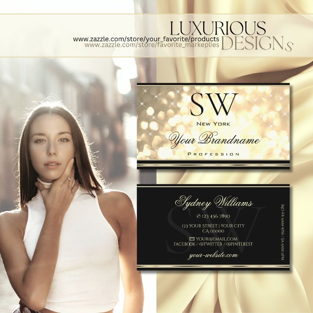Luxury Gold Glitter Monogram Black Golden Border Business Card (Creator Uploaded)