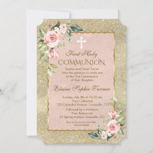 Luxury Gold Glitter Pink Floral First Communion Invitation