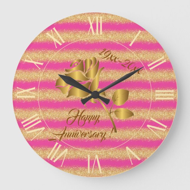 Luxury Gold Glitter Pink Floral Gift Large Clock (Front)