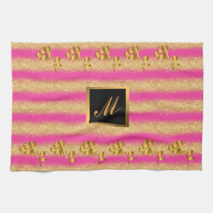 Luxury Gold Glitter Pink Floral Gift Tea Towel