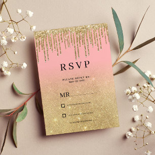 Luxury gold glitter pink ombre drips RSVP Invitation