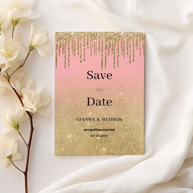 Luxury gold glitter pink ombre drips Save the Date Invitation (Luxury gold glitter pink ombre drips Save the Date)
