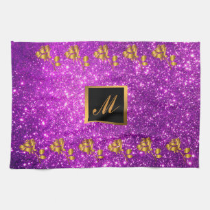 Luxury Gold Glitter Purple Floral Gift Tea Towel