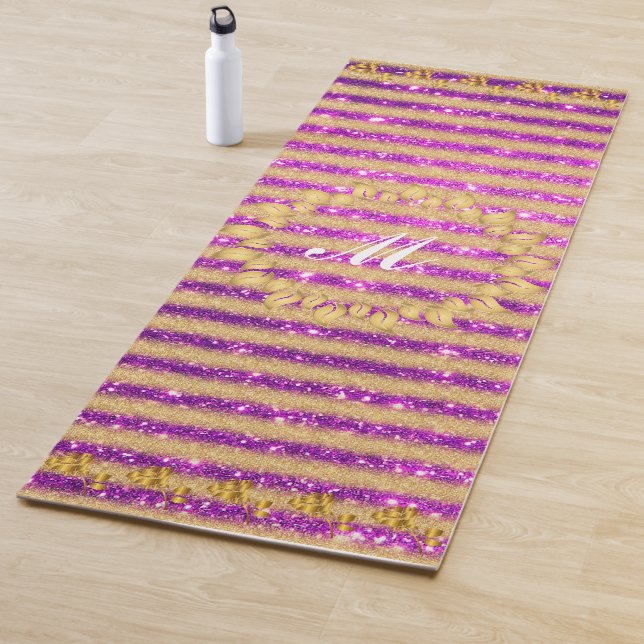 Luxury Gold Glitter Purple Monogrammed Gift Yoga Mat (In Situ)