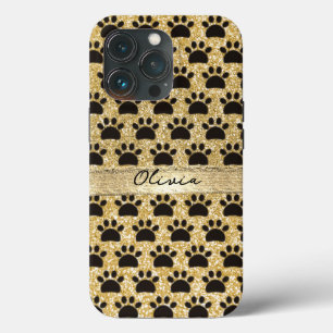 Luxury Gold Glitter Seamless Pet Paw Pattern iPhone 13 Pro Case
