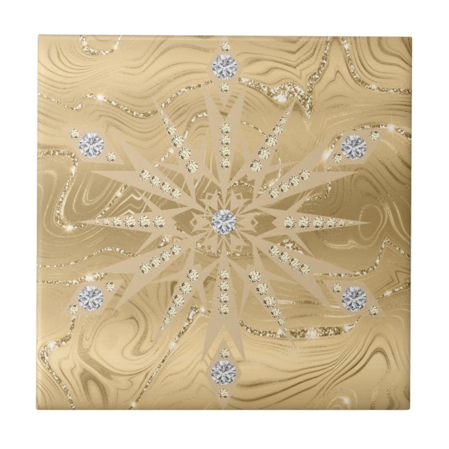Luxury Gold Glitter Snowflake & Diamond Pattern Ceramic Tile (Front)