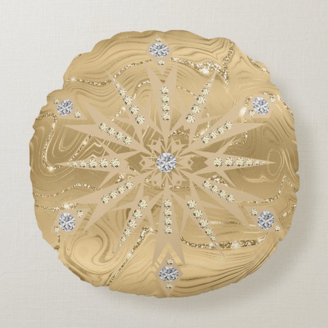 Luxury Gold Glitter Snowflake Diamond Round Cushion (Front)