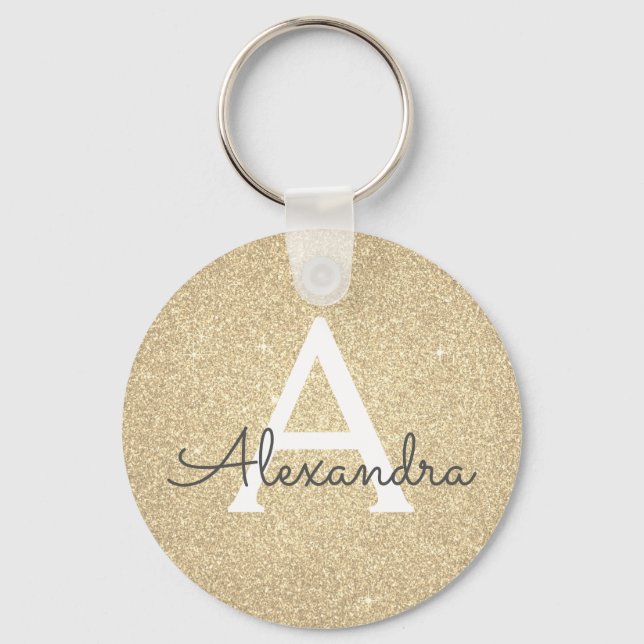 Luxury Gold Glitter & Sparkle Monogram Key Ring (Front)
