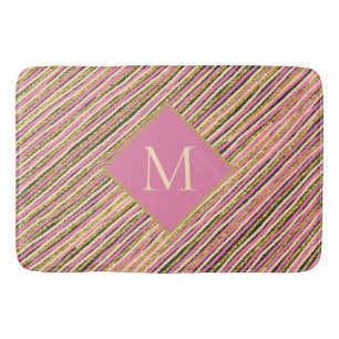 Luxury Gold Glitter Sparkle Monogram Pink Stripes Bath Mat