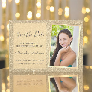 Luxury Gold Glitter Sweet 16 Save the Date Invitation