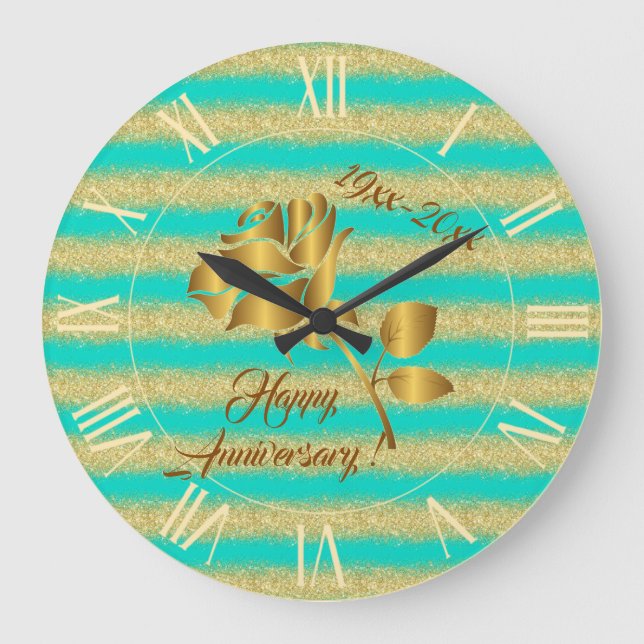 Luxury Gold Glitter Turquoise Floral Gift Large Clock (Front)