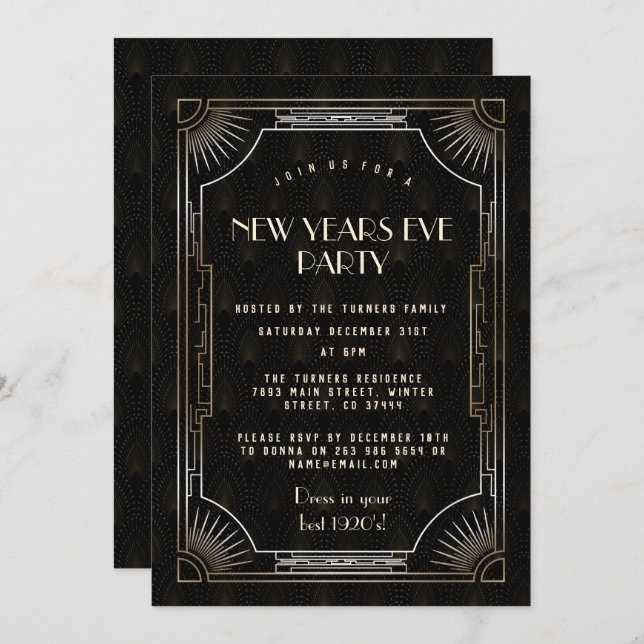 Luxury Gold Great Gatsby 20s New Year's Eve Party Invitation (Front/Back)