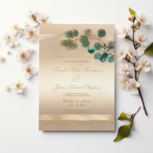 Luxury gold green eucalyptus leaves wedding invitation