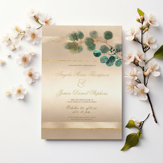 Luxury gold green eucalyptus leaves wedding  invitation