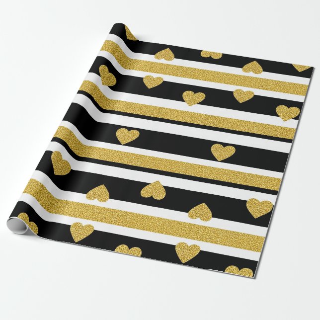 Luxury Gold Hearts Stripe Pattern Wrapping Paper (Unrolled)