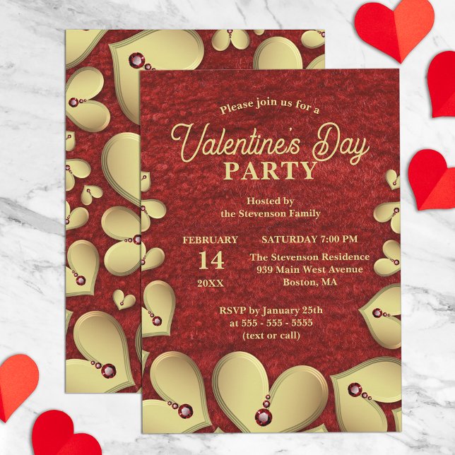 Luxury Gold Hearts with Red Gems Valentine's Party Invitation (Creator Uploaded)
