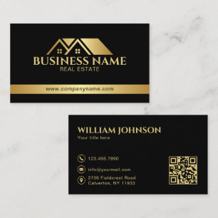 Luxury Gold House Real Estate QR Code Black Business Card