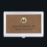 Luxury Gold Initial Logo Brown Leather Business Card Holder<br><div class="desc">Simple modern luxury design with brushed metallic gold initial logo medallion with personalised name,  title,  company name or custom text below in classic block typography on a brown leather textured background. Personalise for your custom use.</div>