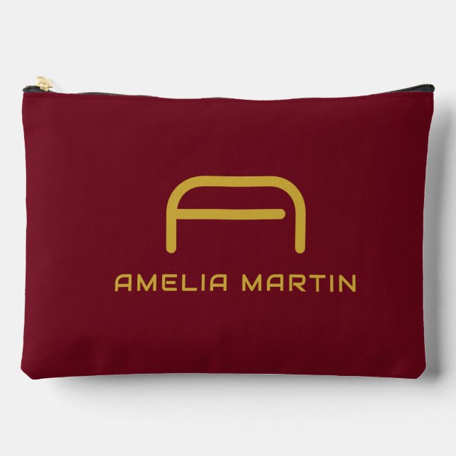 Luxury Gold Initial Monogram Burgundy Red Accessory Pouch (Front)