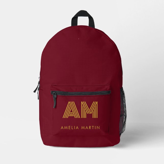 Luxury Gold Initial Monogram Burgundy Red Printed Backpack (Front)